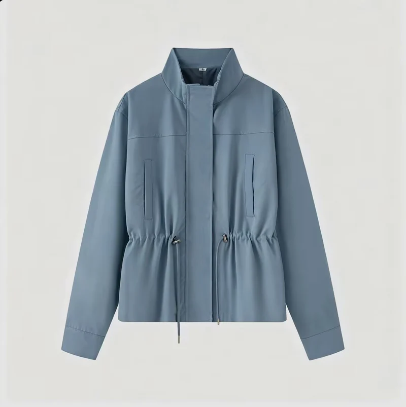 Damen Leichte Übergangsjacke mit Tunnelzug-Taillierung und Stehkragen Nord Taschen