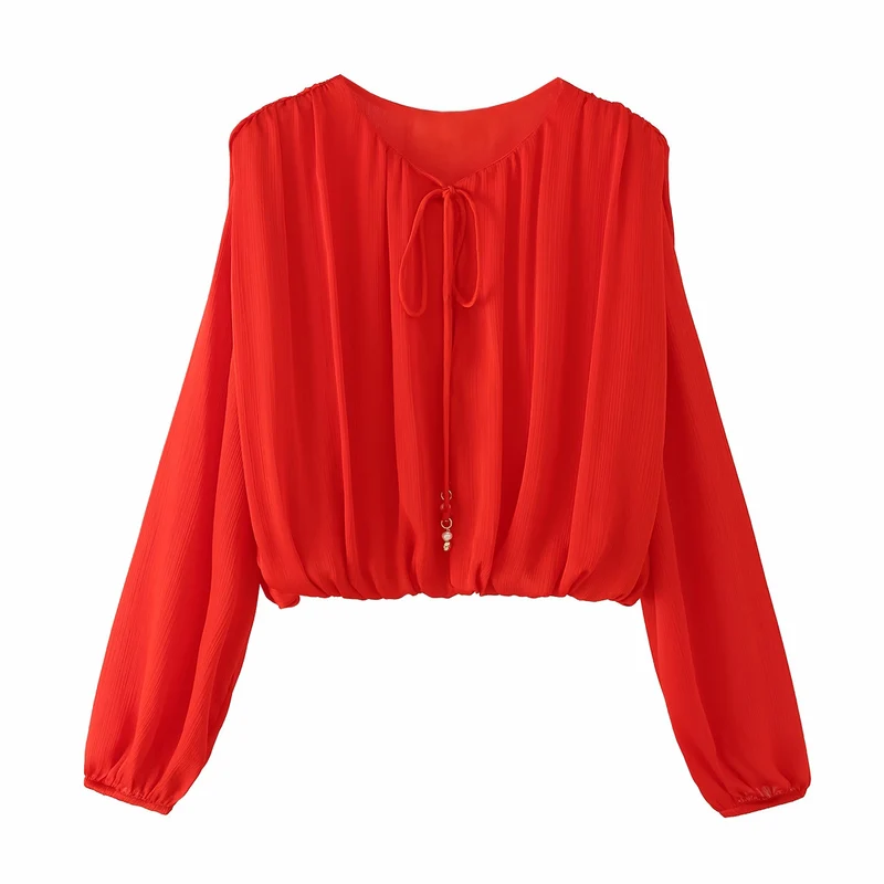 Damen Leichte Plissée-Cropped-Bluse mit Tunnelzugkragen und Ballonärmeln Nord Taschen