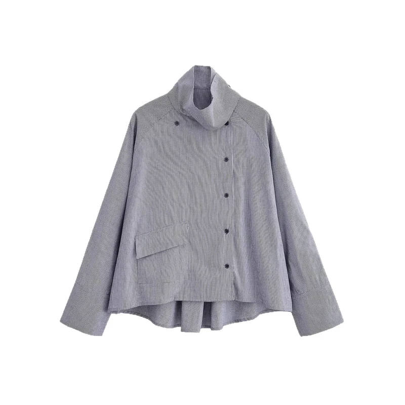 Damen leichte Oversize-Hemdjacke mit hohem Funnelkragen und asymmetrischer Knopfleiste Nord Taschen