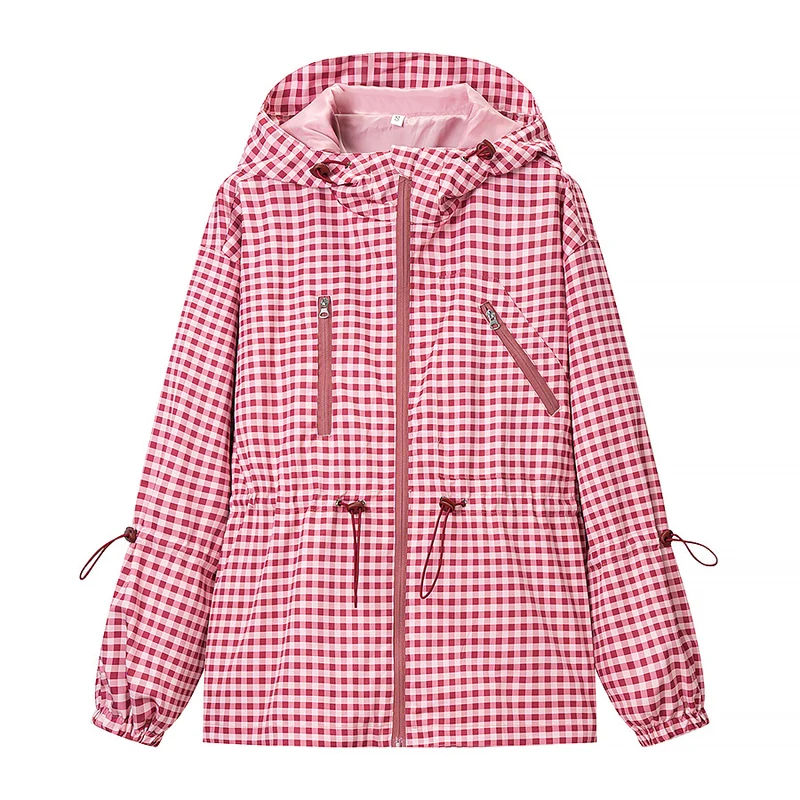 Damen Leichte Kapuzen-Outdoorjacke im Vichy-Karo mit Tunnelzugtaillierung Nord Taschen