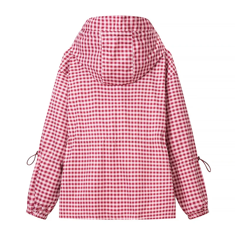 Damen Leichte Kapuzen-Outdoorjacke im Vichy-Karo mit Tunnelzugtaillierung Nord Taschen