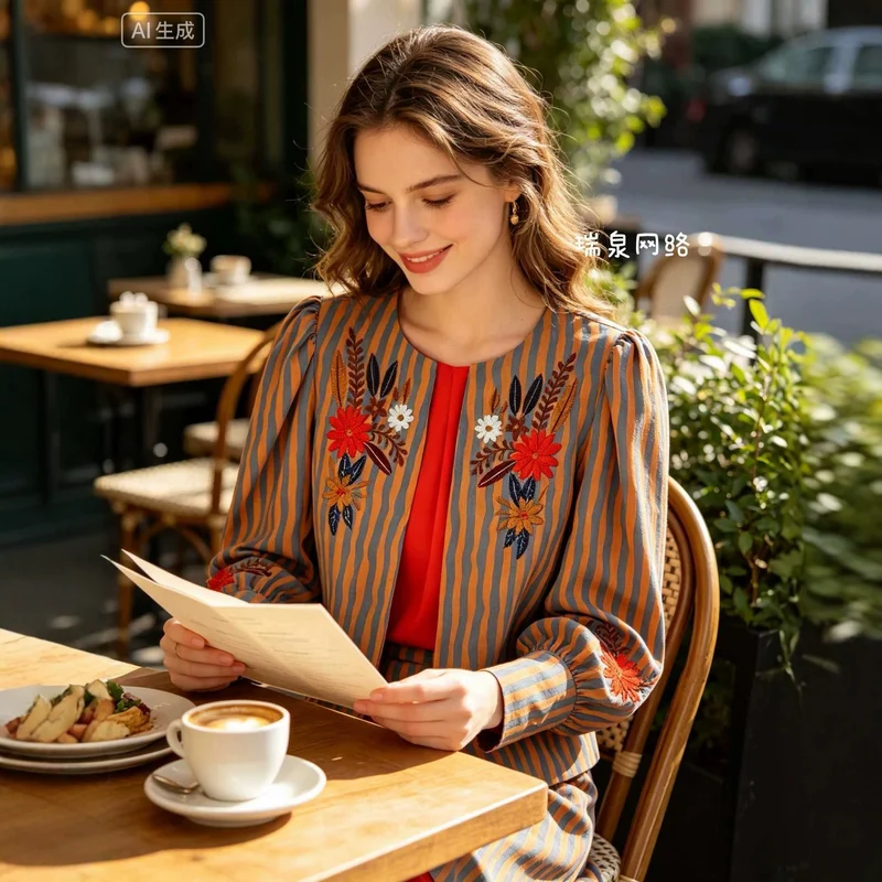 Damen Leichte gestreifte Blusenjacke mit floraler Stickerei und Manschetten Nord Taschen