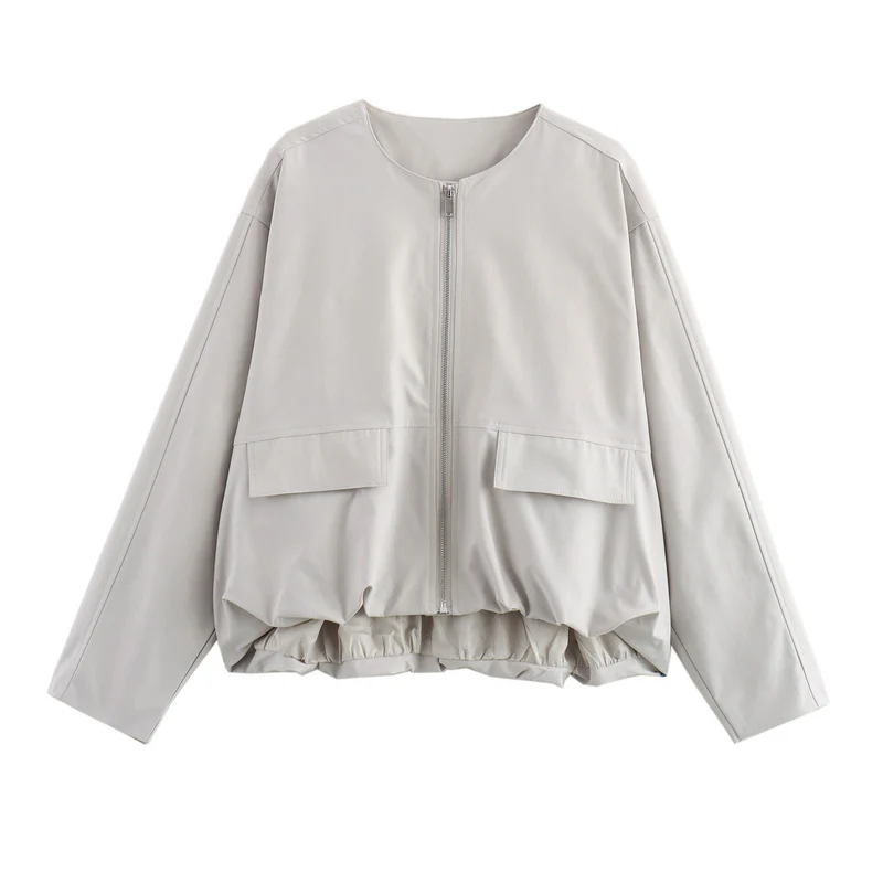Damen Leichte Cropped-Workerjacke ohne Kragen mit Frontreißverschluss und Pattentaschen Nord Taschen