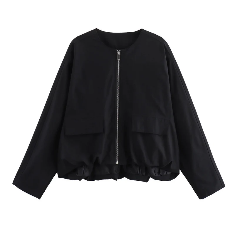 Damen Leichte Cropped-Workerjacke ohne Kragen mit Frontreißverschluss und Pattentaschen Nord Taschen
