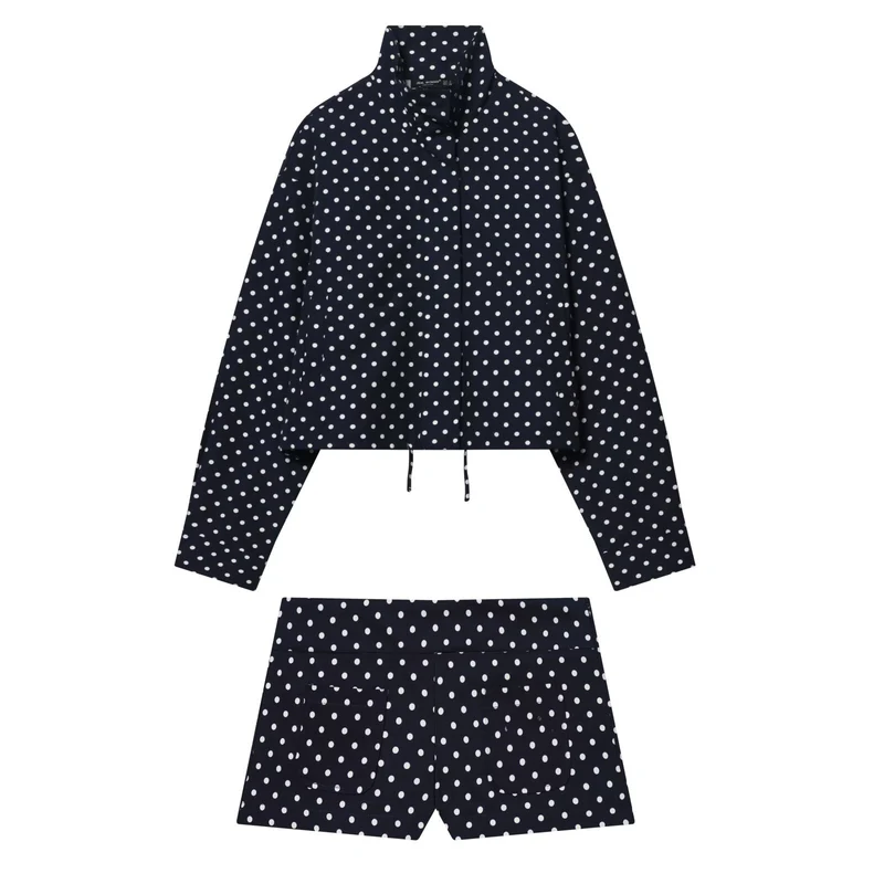 Damen Leichte Cropped-Übergangsjacke mit Stehkragen, Pünktchenprint und Tunnelzug Nord Taschen