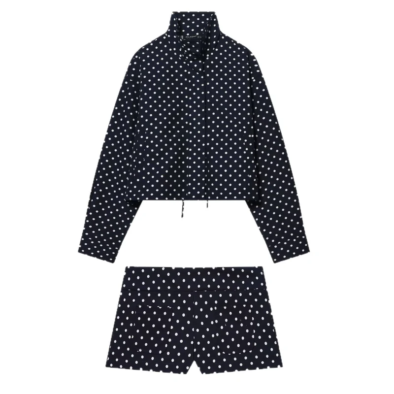 Damen Leichte Cropped-Übergangsjacke mit Stehkragen, Pünktchenprint und Tunnelzug Nord Taschen