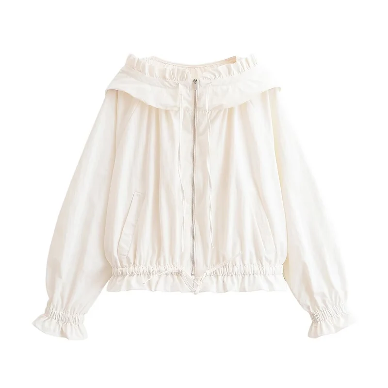 Damen Leichte Cropped-Übergangsjacke mit Rüschenkragen, Tunnelzug und Gummizugbündchen Nord Taschen