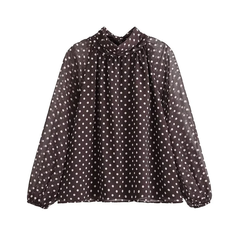 Damen Leichte Chiffonbluse mit Stehkragen, Volumenärmeln und Polka-Dot-Print Nord Taschen