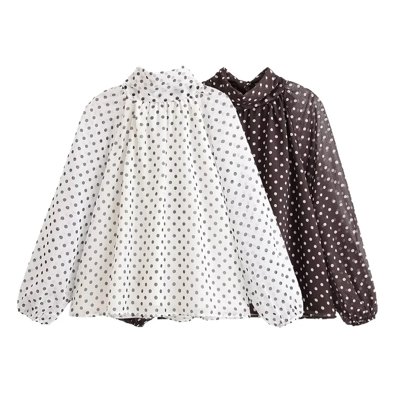 Damen Leichte Chiffonbluse mit Stehkragen, Volumenärmeln und Polka-Dot-Print Nord Taschen