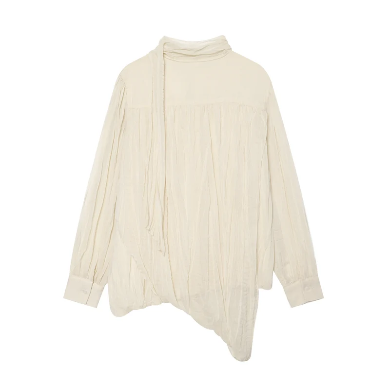 Damen Leichte Bluse in Knitteroptik mit Schluppe und gedrehtem Saum Nord Taschen