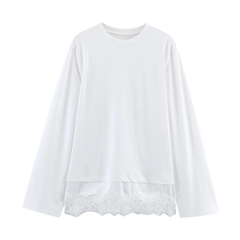 Damen Langes Relaxed‑Shirt mit Rundhals und Spitzenbesatz am Saum Nord Taschen