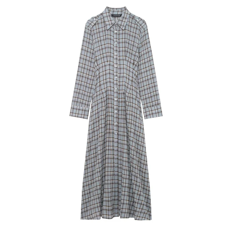 Damen Langes kariertes Hemdkleid mit durchgehender Knopfleiste und A‑Linien‑Silhouette Nord Taschen