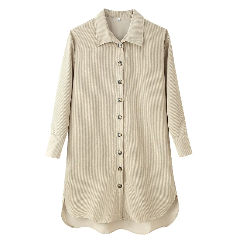 Damen Langes Hemdkleid aus Cord‑Ripp mit durchgehender Knopfleiste, Hemdkragen und abgerundetem Saum Nord Taschen