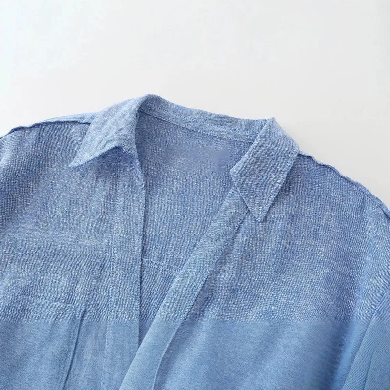Damen Langes Hemdblusenkleid mit Taillengürtel und Kimonoärmeln Nord Taschen