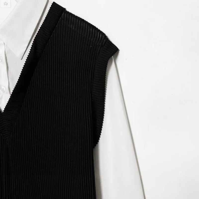 Damen Langes Hemdblusenkleid mit eingearbeiteter Strickweste Nord Taschen