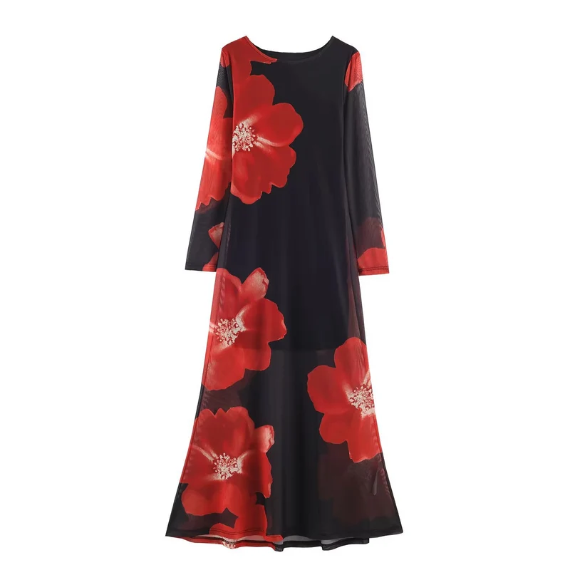 Damen Langes A-Linien‑Maxikleid mit Chiffon‑Overlay und großfloralem Druck Nord Taschen