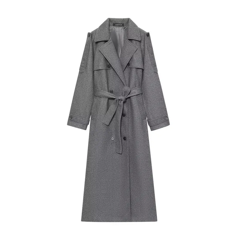 Damen Langer Woll-Trenchcoat mit Bindegürtel Nord Taschen