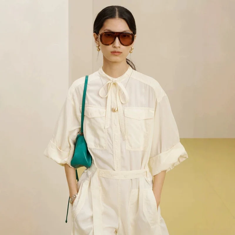 Damen Langer Utility-Jumpsuit mit Hemdkragen und Bindegürtel Nord Taschen