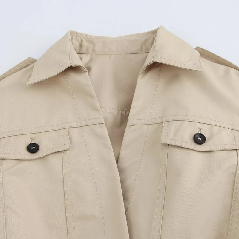 Damen Langer taillierter Trenchcoat mit Bindegürtel, Hemdkragen und Schulterpatten Nord Taschen