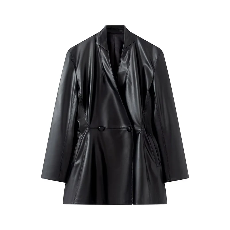 Damen Langer taillierter Blazer‑Mantel aus veganer Lederoptik mit fallendem Schalkragen und Doppelknopf-Leiste Nord Taschen