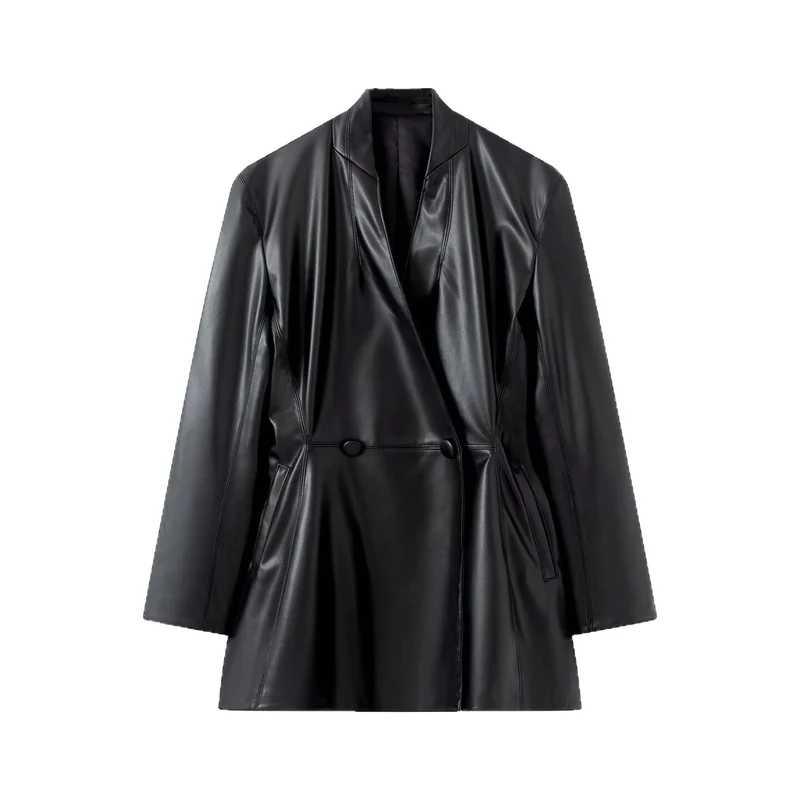 Damen Langer taillierter Blazer‑Mantel aus veganer Lederoptik mit fallendem Schalkragen und Doppelknopf-Leiste Nord Taschen