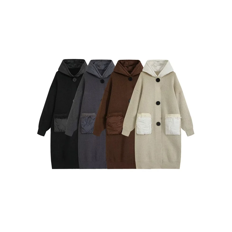 Damen Langer Oversize-Strickmantel mit gesteppter Kapuze und aufgesetzten Stepp-Taschen Nord Taschen