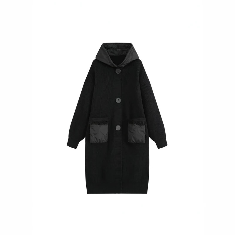 Damen Langer Oversize-Strickmantel mit gesteppter Kapuze und aufgesetzten Stepp-Taschen Nord Taschen