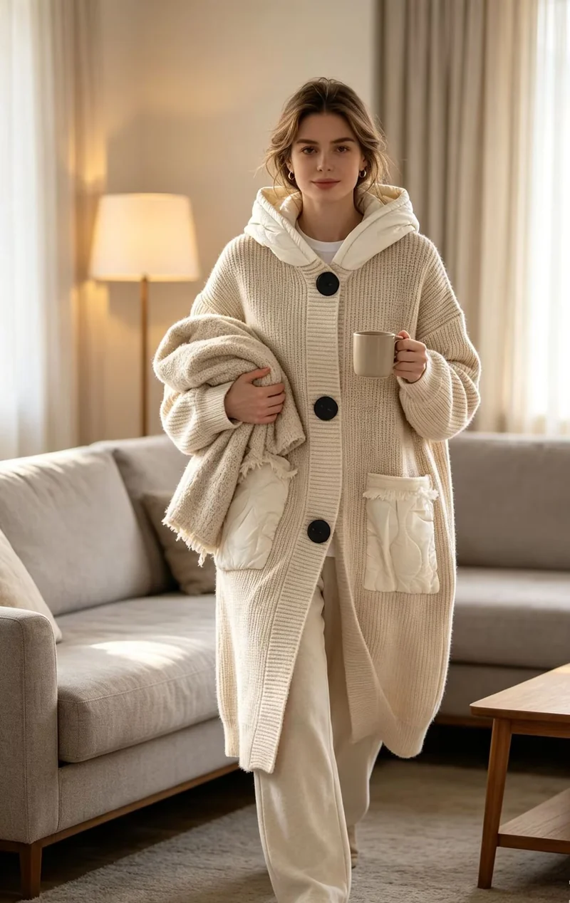 Damen Langer Oversize-Strickmantel mit gesteppter Kapuze und aufgesetzten Stepp-Taschen Nord Taschen
