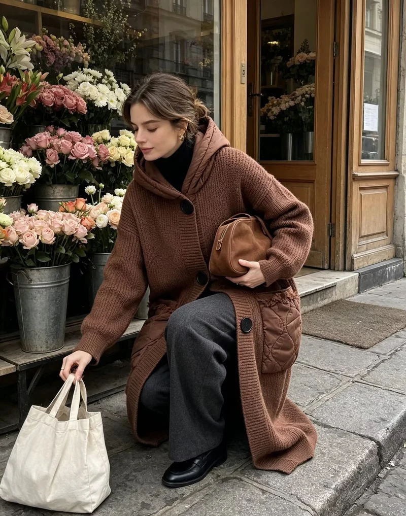 Damen Langer Oversize-Strickmantel mit gesteppter Kapuze und aufgesetzten Stepp-Taschen Nord Taschen