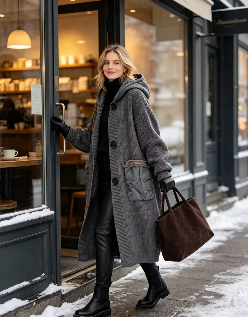 Damen Langer Oversize-Strickmantel mit gesteppter Kapuze und aufgesetzten Stepp-Taschen Nord Taschen