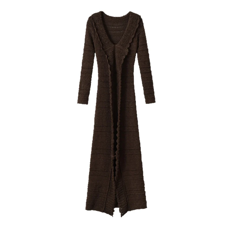 Damen Langer gehäkelter Cardigan mit geschwungenem Schalkragen Nord Taschen