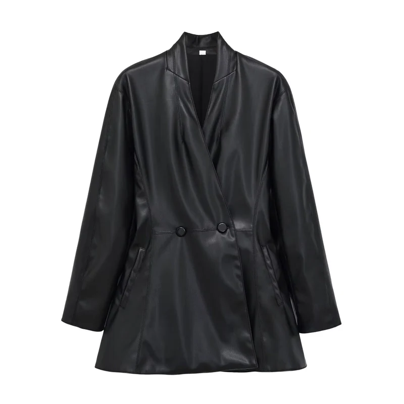 Damen Langer doppeltreihiger Blazer‑Mantel aus veganer Lederoptik mit Schalkragen Nord Taschen