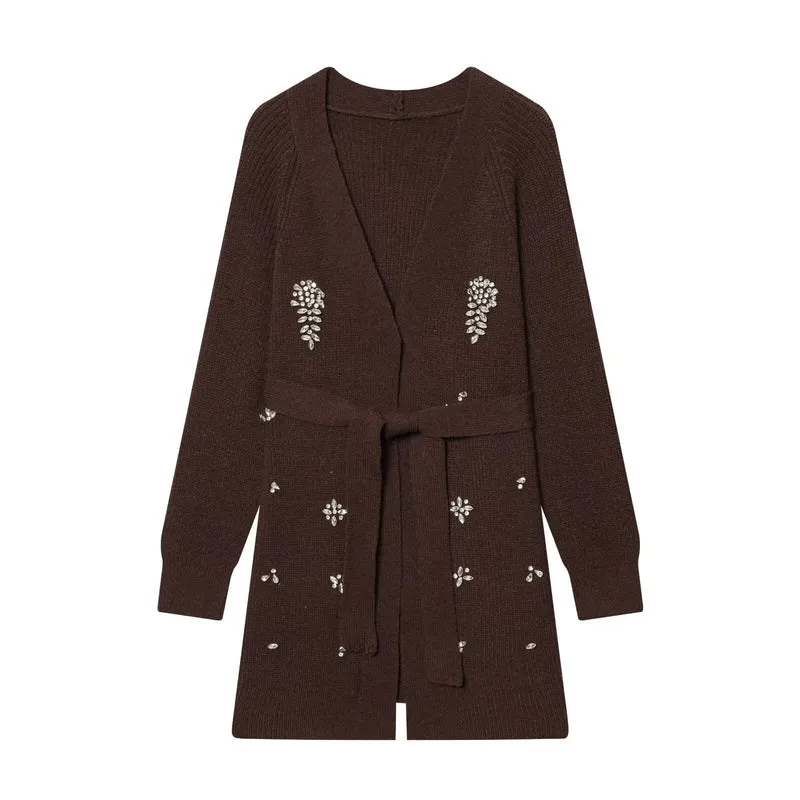 Damen Lange Strickjacke mit Bindegürtel und Schmuckstein-Applikation Nord Taschen