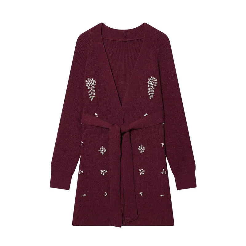 Damen Lange Strickjacke mit Bindegürtel und Schmuckstein-Applikation Nord Taschen