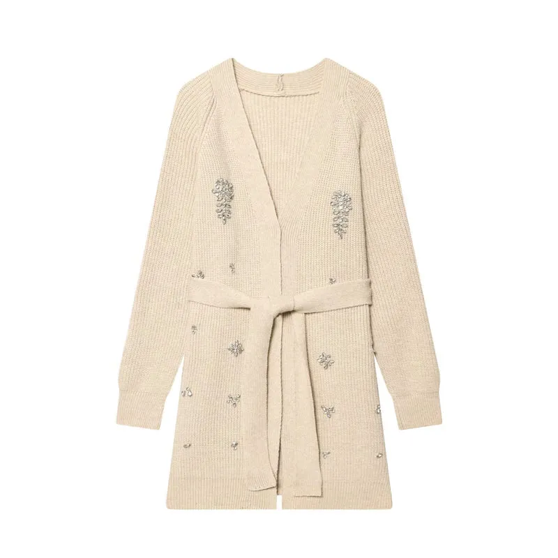 Damen Lange Strickjacke mit Bindegürtel und Schmuckstein-Applikation Nord Taschen