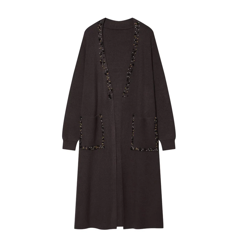 Damen lange offene Strickjacke mit Perlenbesatz und aufgesetzten Taschen Nord Taschen