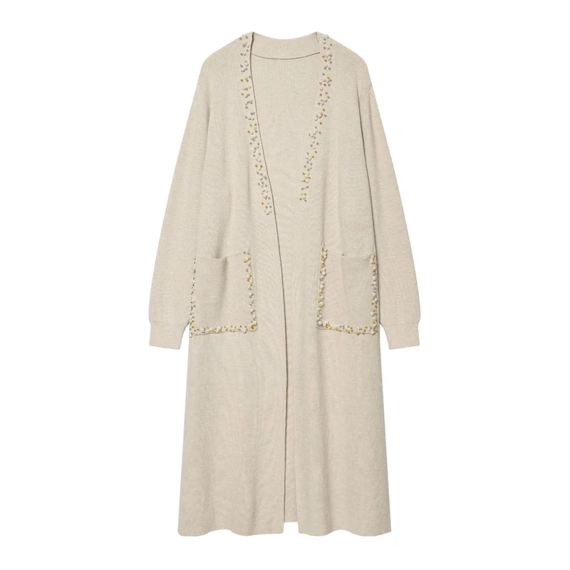 Damen lange offene Strickjacke mit Perlenbesatz und aufgesetzten Taschen Nord Taschen