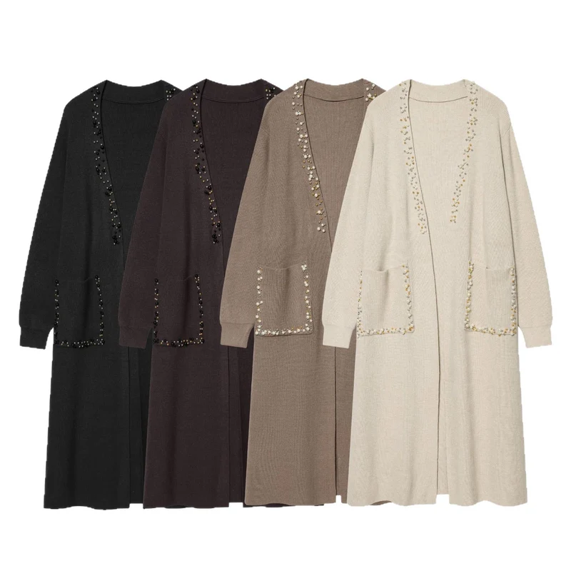Damen lange offene Strickjacke mit Perlenbesatz und aufgesetzten Taschen Nord Taschen