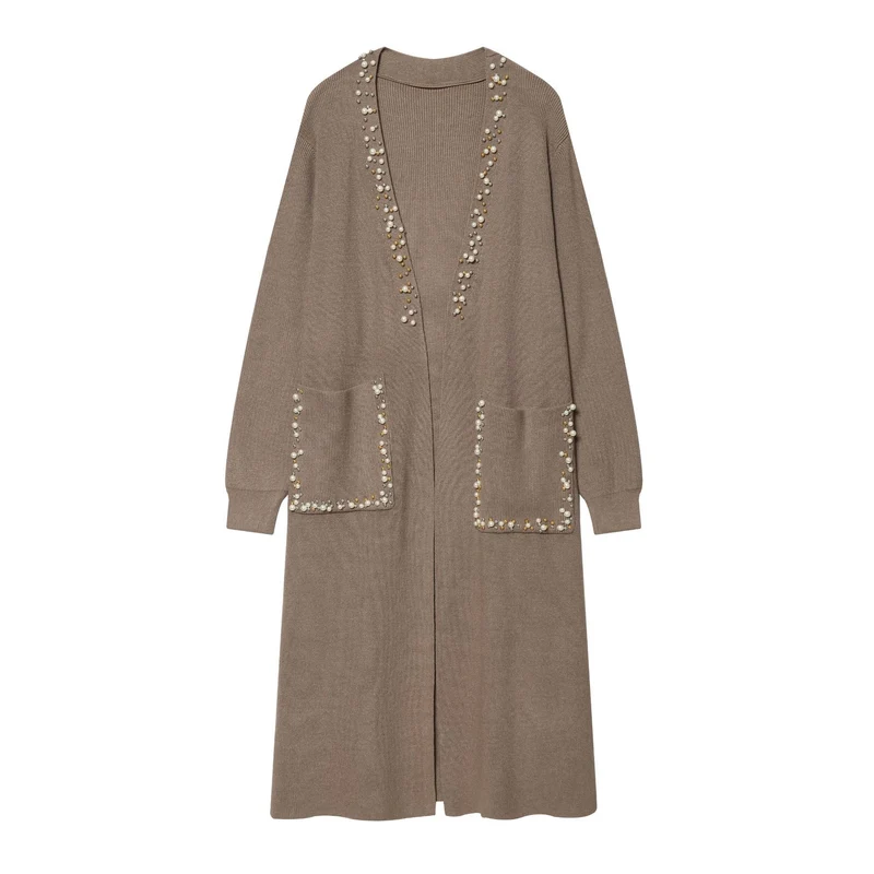 Damen lange offene Strickjacke mit Perlenbesatz und aufgesetzten Taschen Nord Taschen