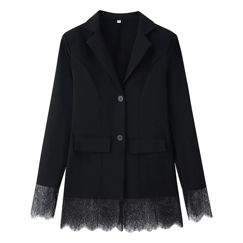 Damen Langblazer mit Spitzenbesatz an Saum und Manschetten, taillierter Schnitt Nord Taschen