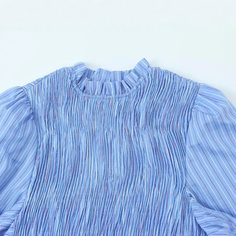 Damen Langärmlige Smockbluse mit Stehkragen und Volantsaum Nord Taschen