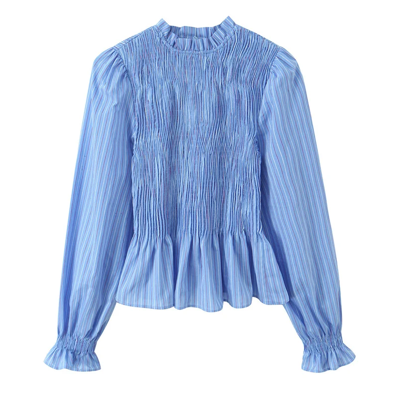 Damen Langärmlige Smockbluse mit Stehkragen und Volantsaum Nord Taschen