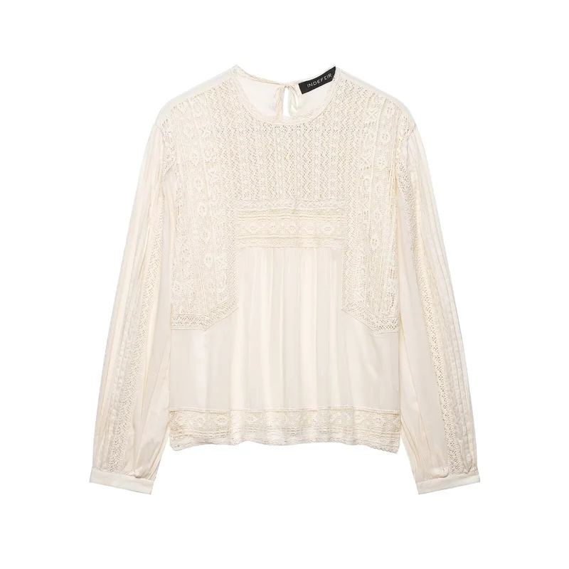 Damen Langärmlige Boho-Spitzenbluse mit Häkel- und Plissee-Details Nord Taschen