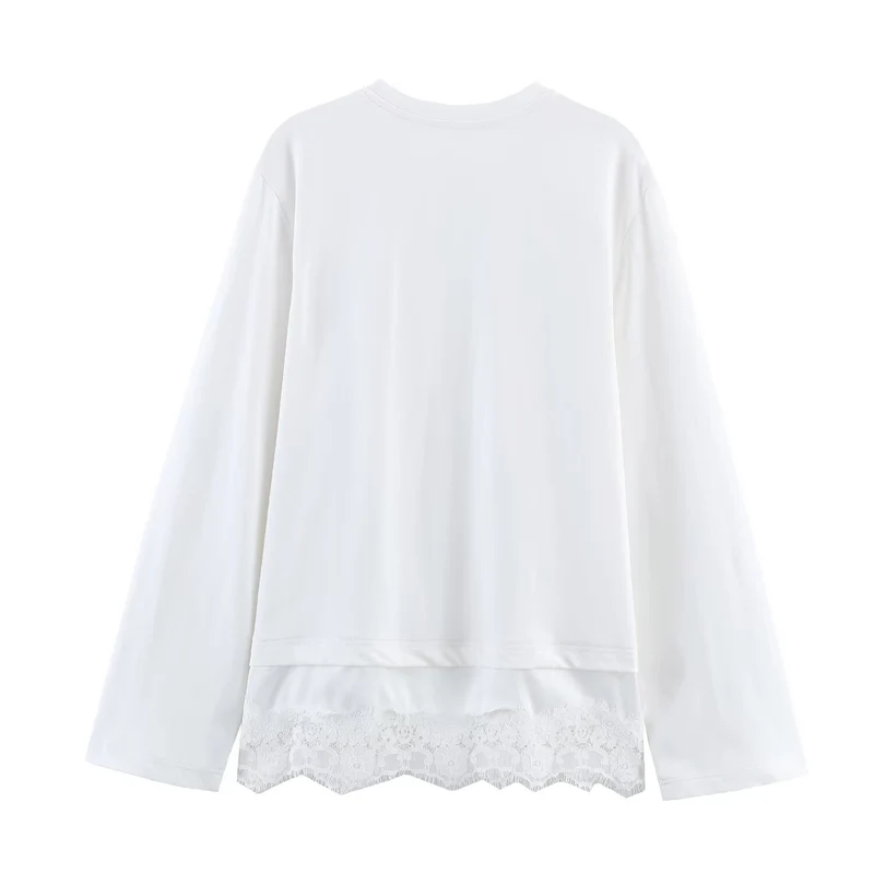 Damen Langärmeliges Oversize-Shirt mit Rundhalsausschnitt und Spitzenbesatz am Saum Nord Taschen