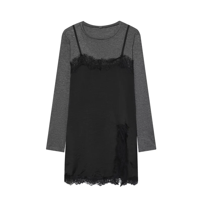 Damen Lagenlook-Longsleeve mit Satin-Slip-Einsatz und Spitzenbesatz Nord Taschen