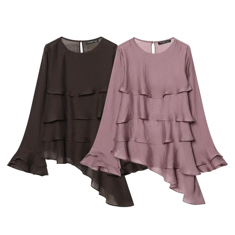 Damen Lagenlook Chiffonbluse mit Volants und asymmetrischem Saum Nord Taschen
