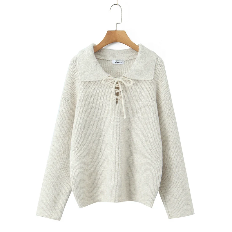 Damen Kuscheliger Strickpullover mit breitem Polokragen und Kordelbindung Nord Taschen