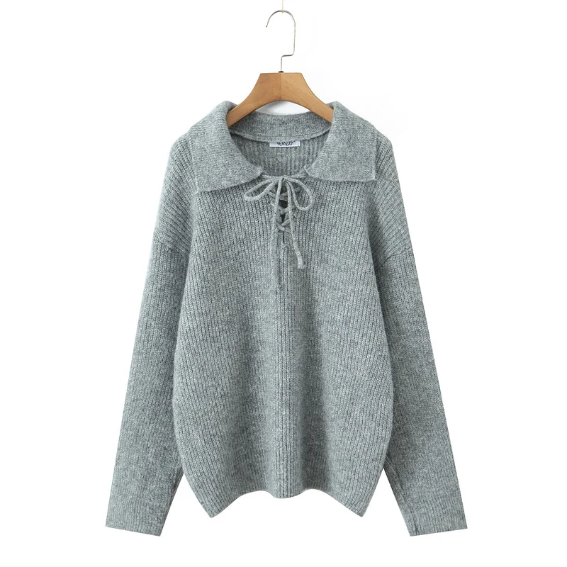 Damen Kuscheliger Strickpullover mit breitem Polokragen und Kordelbindung Nord Taschen