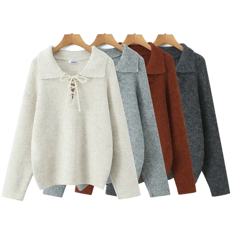 Damen Kuscheliger Strickpullover mit breitem Polokragen und Kordelbindung Nord Taschen