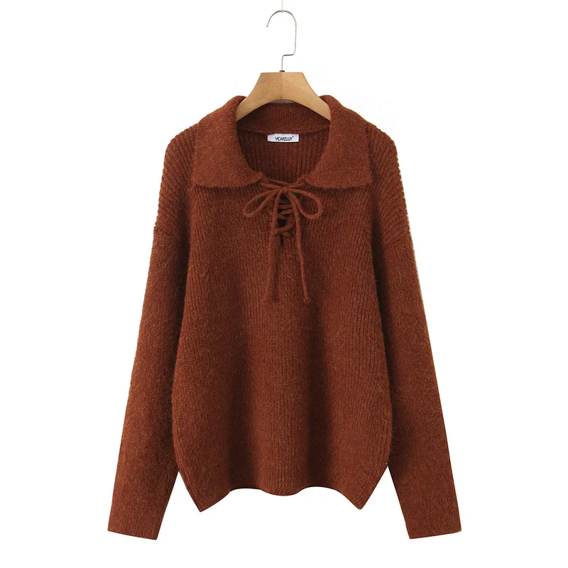 Damen Kuscheliger Strickpullover mit breitem Polokragen und Kordelbindung Nord Taschen